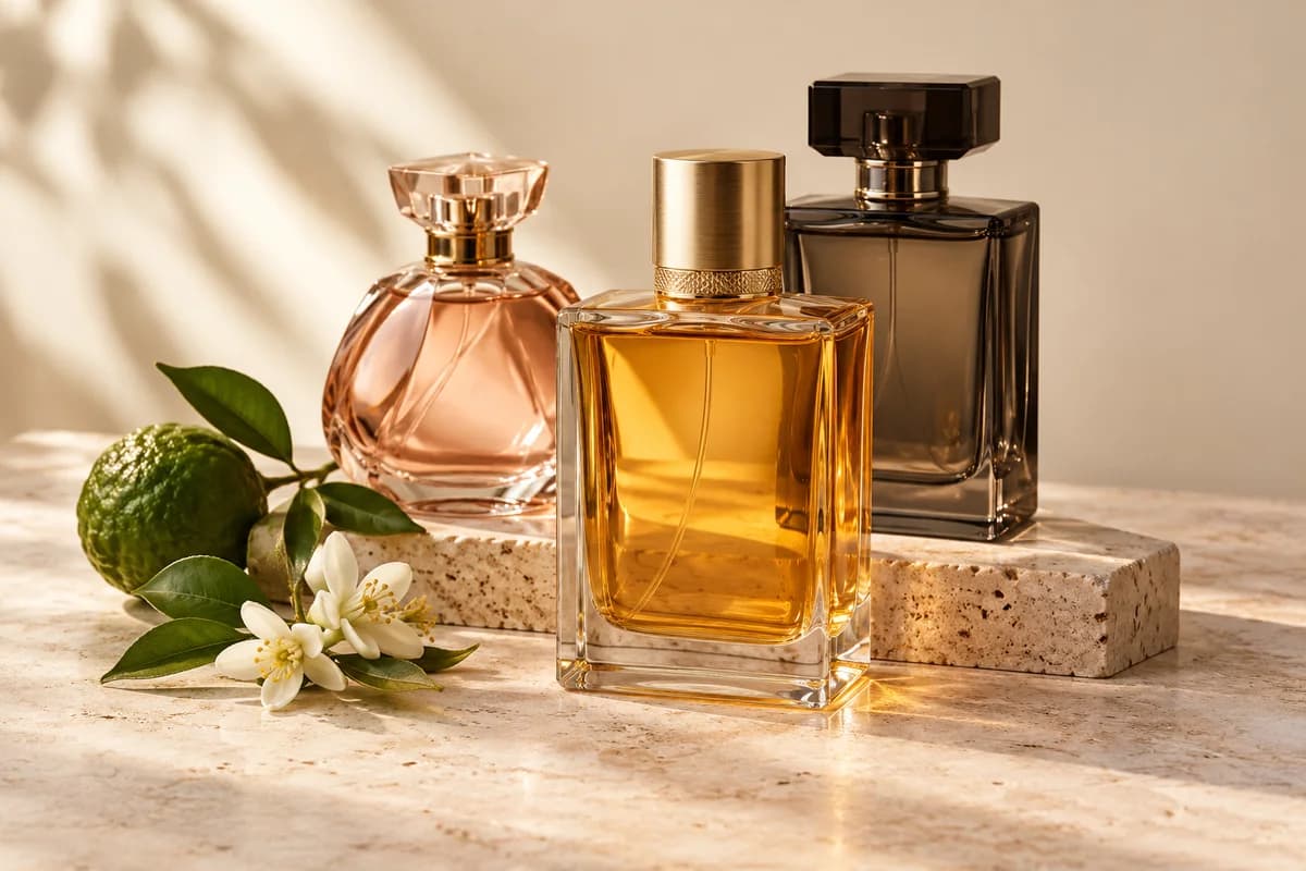 Frascos de perfume em vidro com detalhes dourados